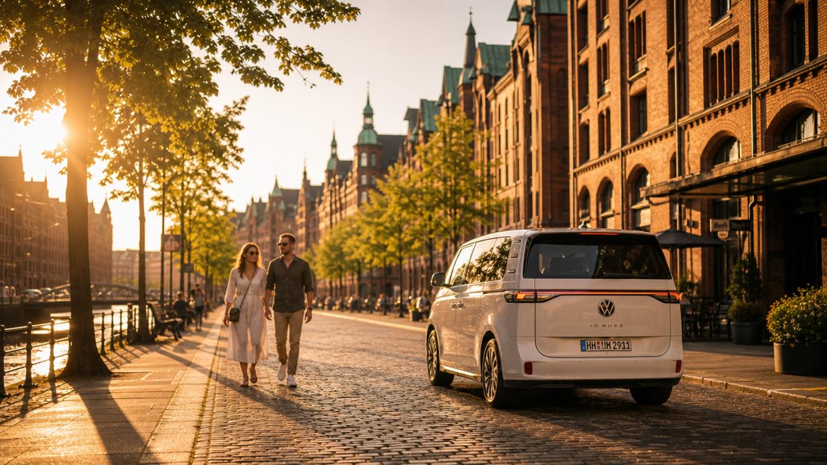 A white VW ID. Buzz shared vehicle on a cobblestone street in Hamburg's Speicherstadt at golden hour.