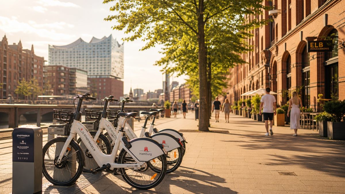 White shared bikes docked at a station in Hamburg's Speicherstadt, with the Elbphilharmonie in the background.