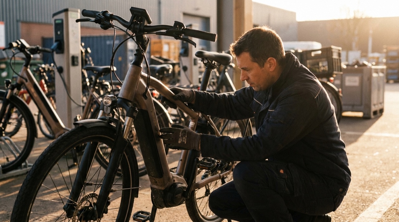 A field technician inspecting a shared e-bike at a depot at golden hour.
