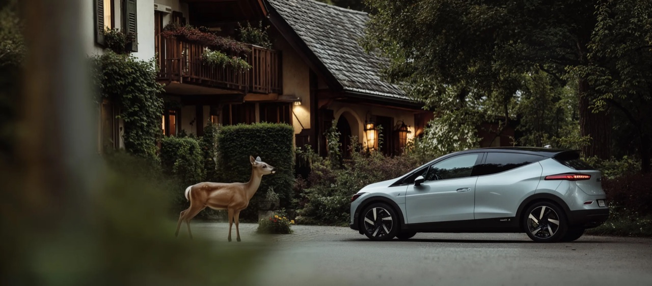 A deer stands on a quiet residential street facing a parked silver car outside a house at dusk.