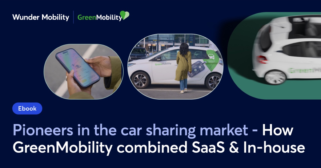 A GreenMobility shared car beside a rider using the white-label app.