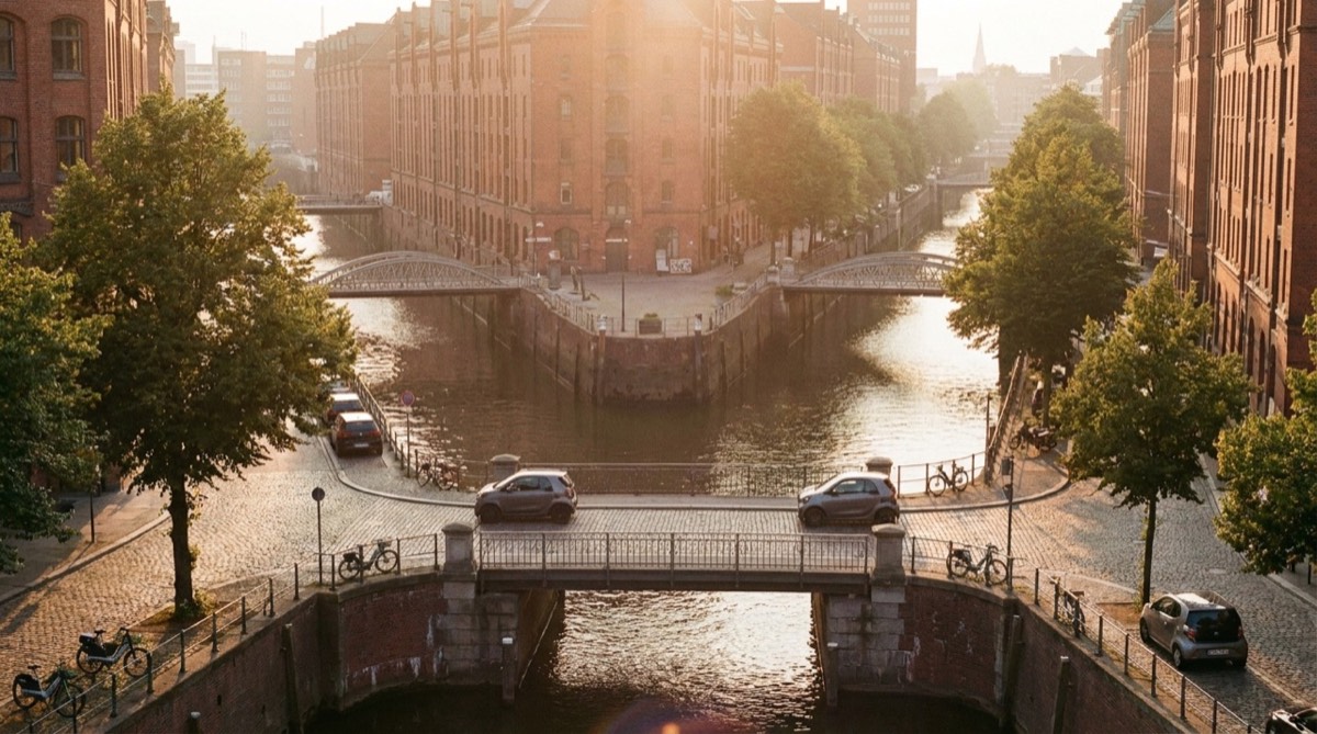 A golden-hour view over a European canal city with small electric cars crossing a bridge.