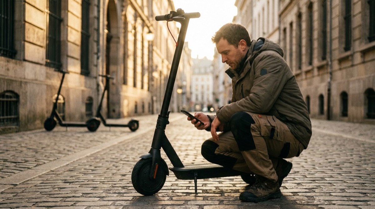 A field operations worker crouched beside a shared e-scooter, checking a phone.
