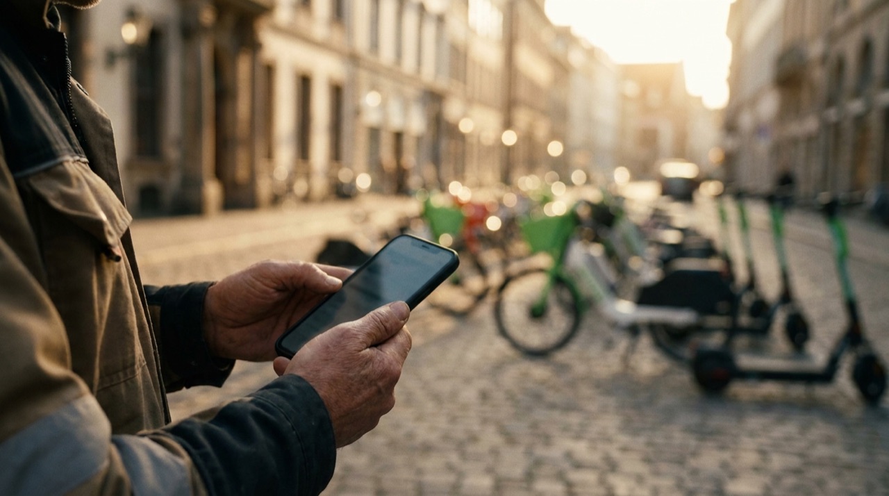 An operations worker holding a phone beside a row of shared e-bikes and scooters.