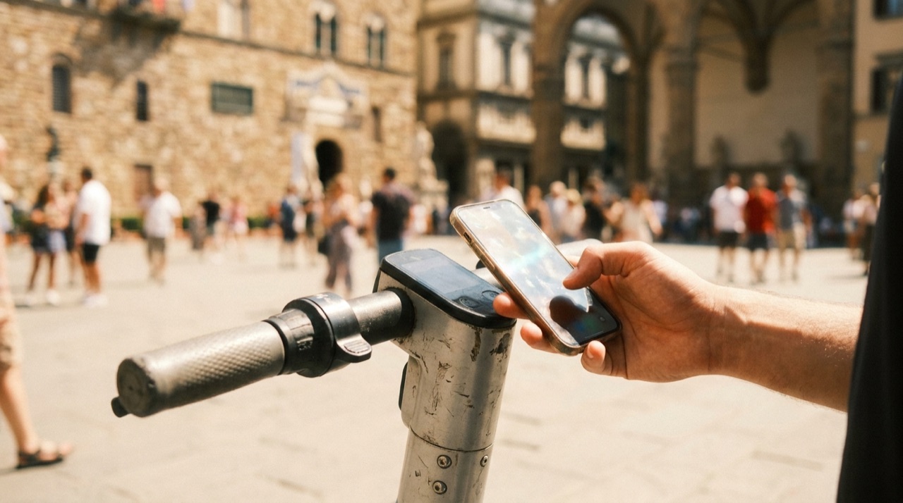 A hand holding a phone to unlock a shared kick-scooter in a sunny city square.