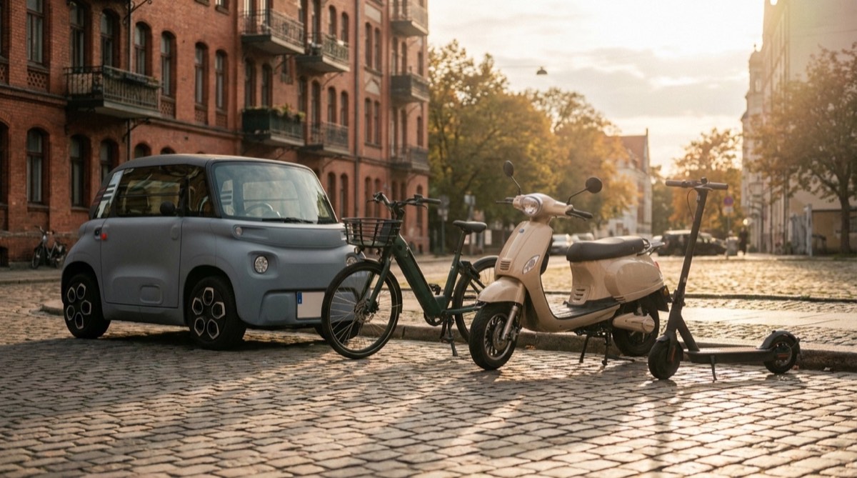 A compact electric car, an e-bike, a moped and a kick-scooter parked in a row on a cobblestone street at golden hour.