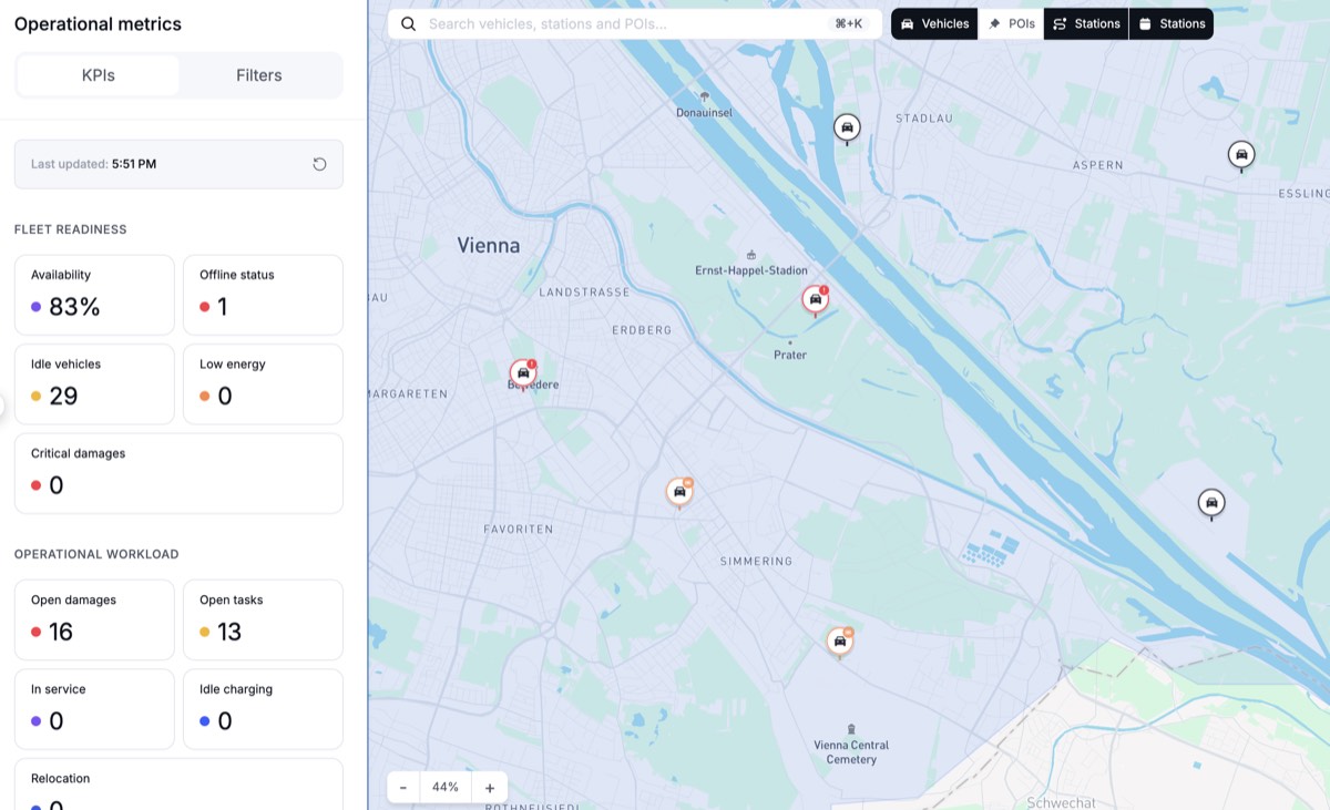 Wunder operator dashboard showing a live fleet map