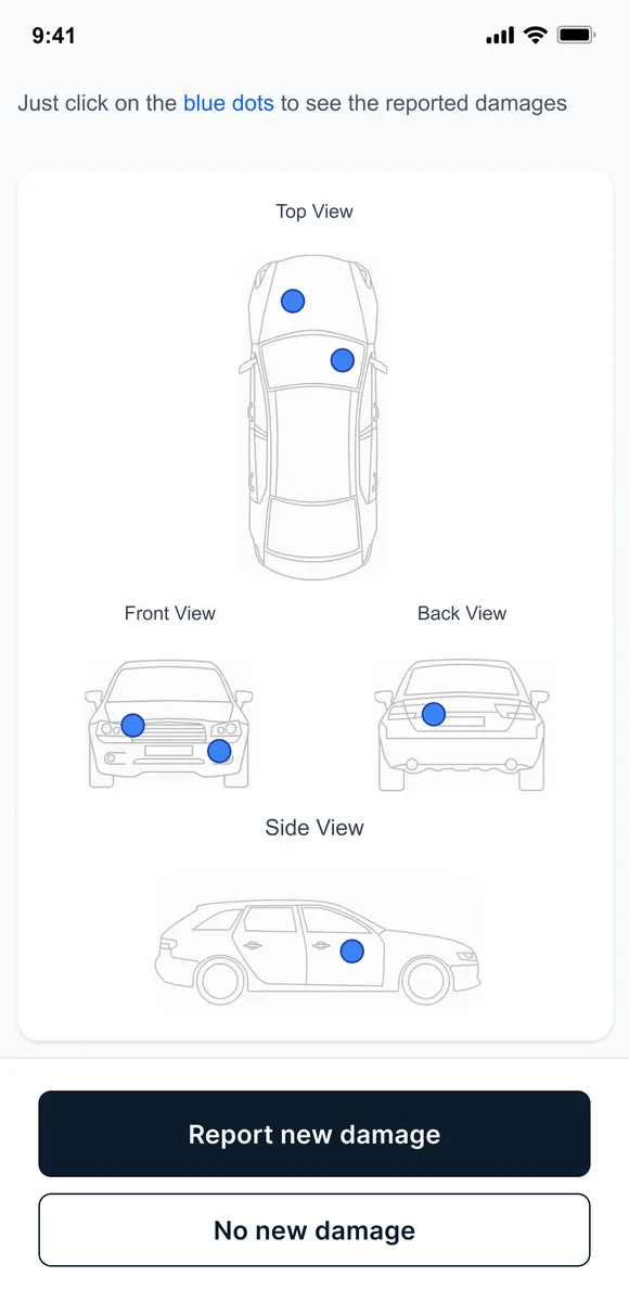 The rider app pre-ride damage screen: top, front, back, and side vehicle diagrams with reported-damage markers to confirm before starting.