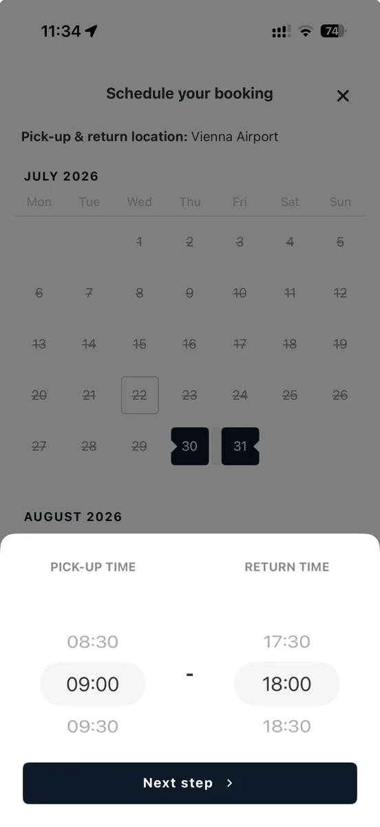 The rider app booking screen: "Schedule your booking" with Vienna Airport as the pick-up and return location, a July calendar showing available and unavailable dates, and pick-up and return time pickers set to 09:00 and 18:00.