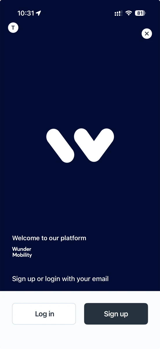 The white-label rider app welcome screen, on the Wunder navy background with the W mark: sign up or log in with your email.
