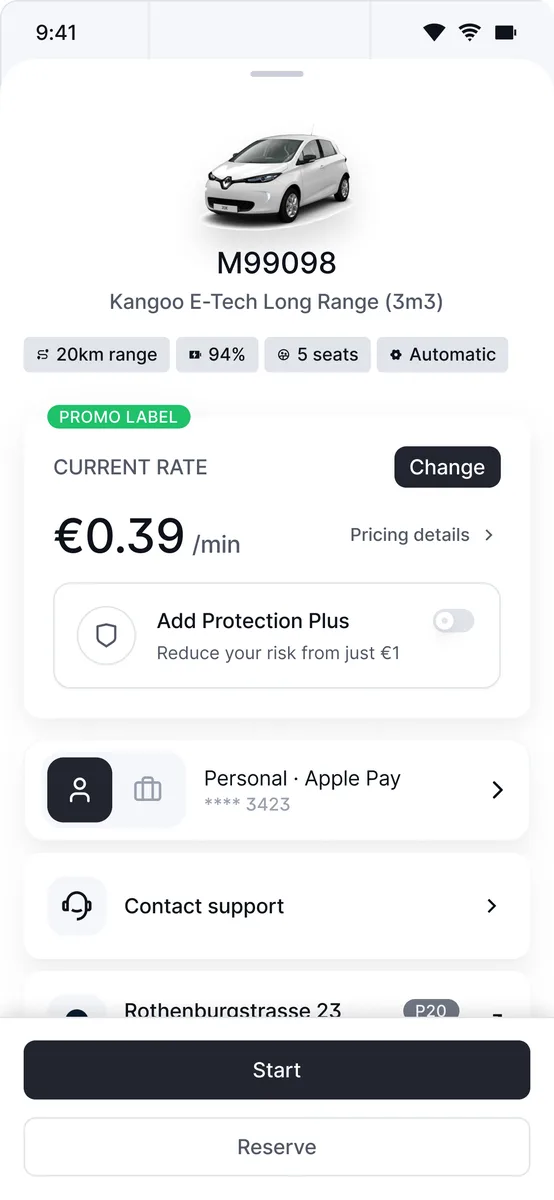 The rider app vehicle screen: a Renault Kangoo E-Tech with its per-minute rate, a protection add-on, payment method, and Start and Reserve.