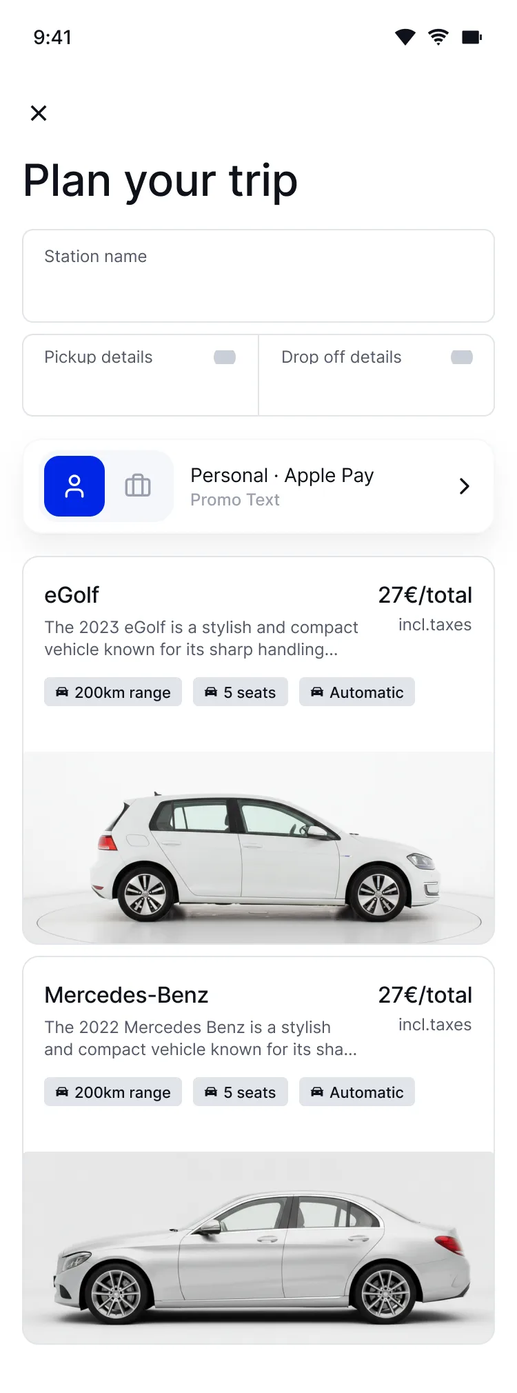 The white-label rider app: a Plan your trip screen browsing available vehicles with live prices.