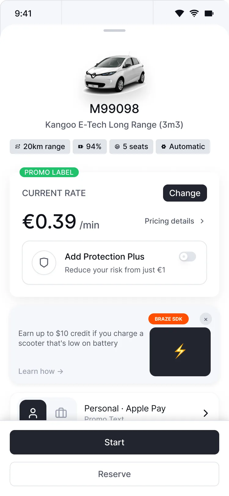 The white-label rider app: a vehicle screen with its live per-minute rate, protection option, and Start and Reserve.